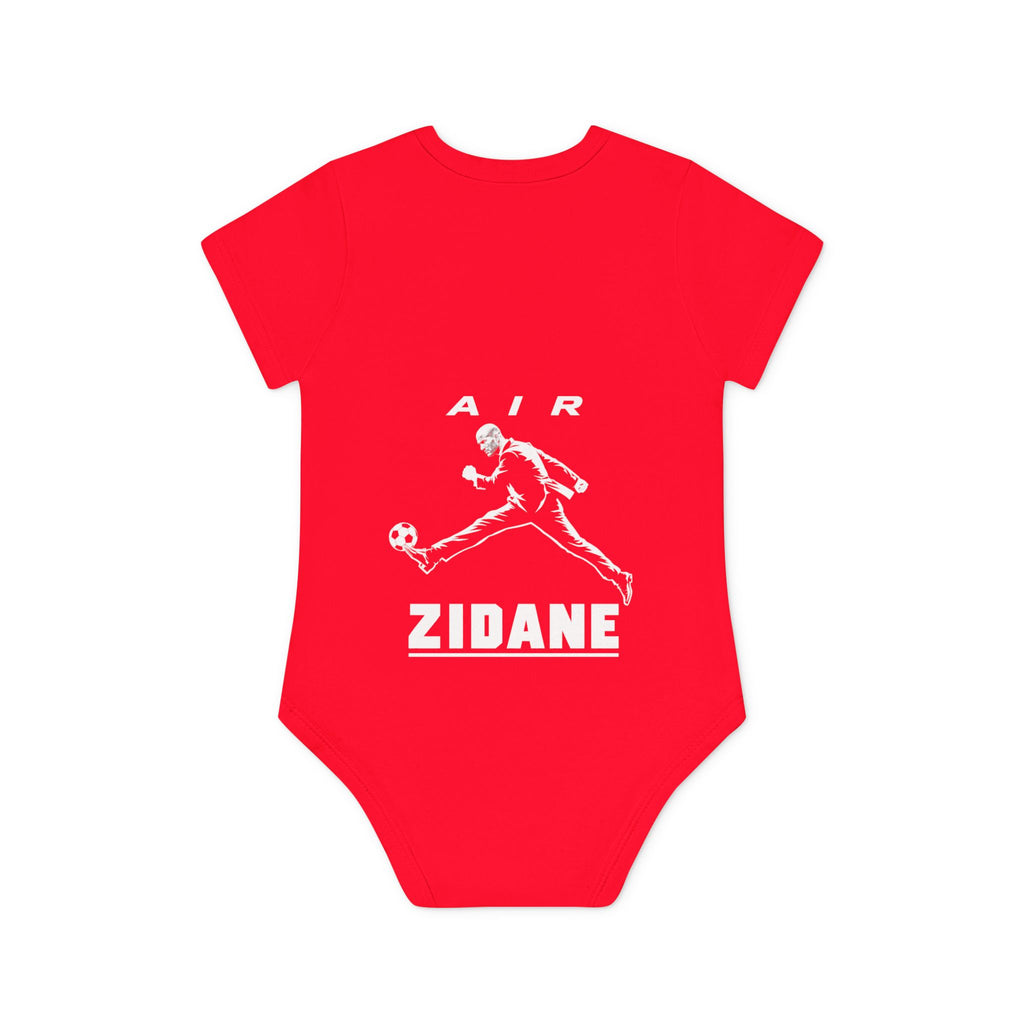 Body bébé rouge à manches courtes, vue de dos, grand motif blanc AIR ZIDANE.