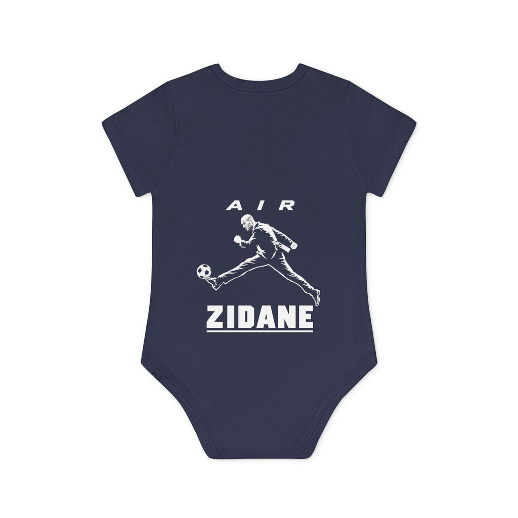 Body bébé bleu marine à manches courtes, vue de dos, grand motif blanc AIR ZIDANE.
